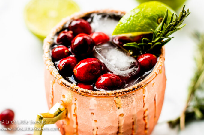 an ice-y cold drink with a rosemary sprig and cranberries and ice