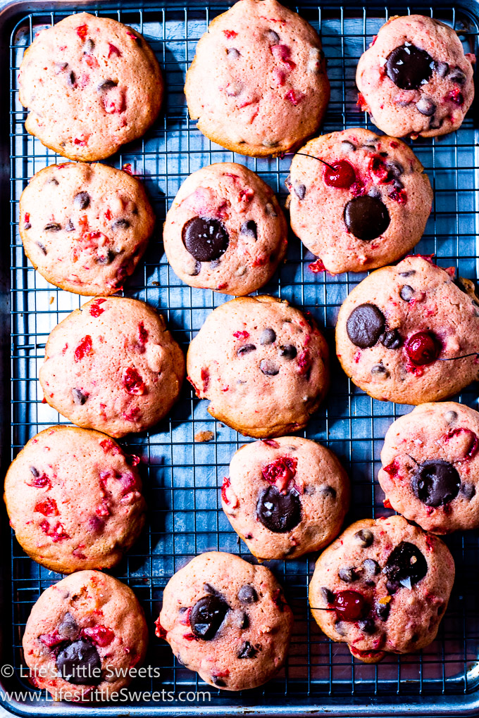 Maraschino Cherry Chocolate Chip Cookies overhead view on a wire baking rack