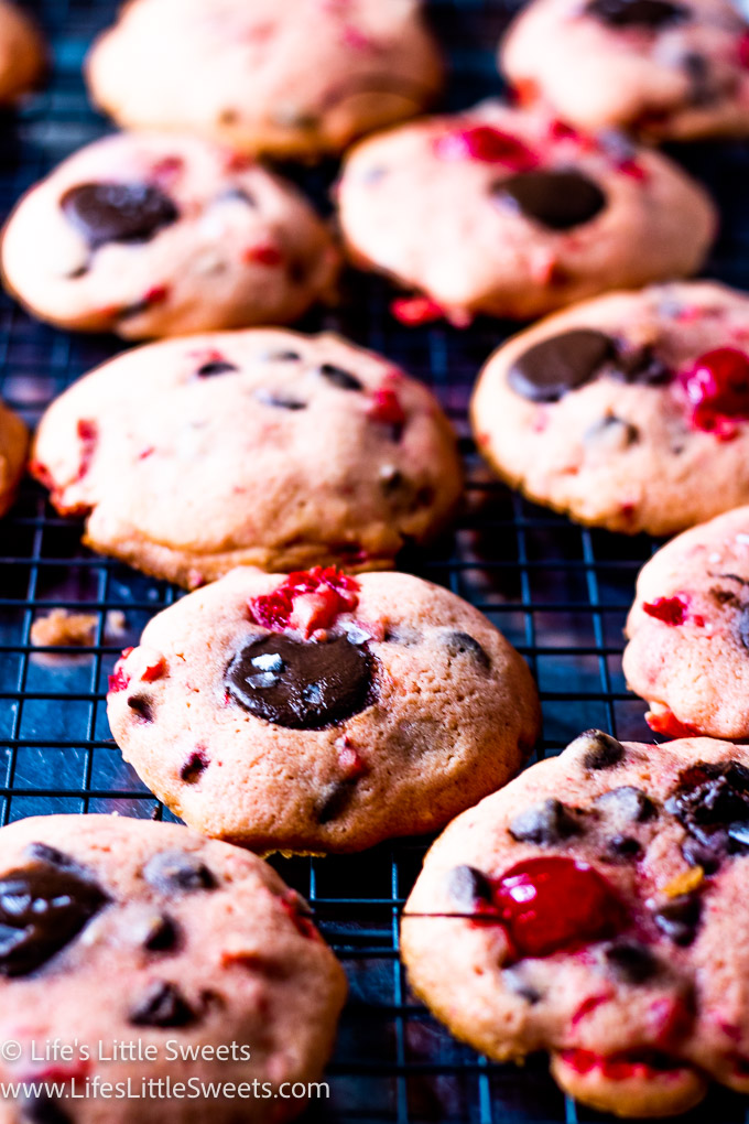 Maraschino Cherry Chocolate Chip Cookies on a wire cooking rack