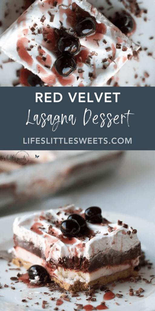 Red Velvet Lasagna Dessert Recipe with text overlay