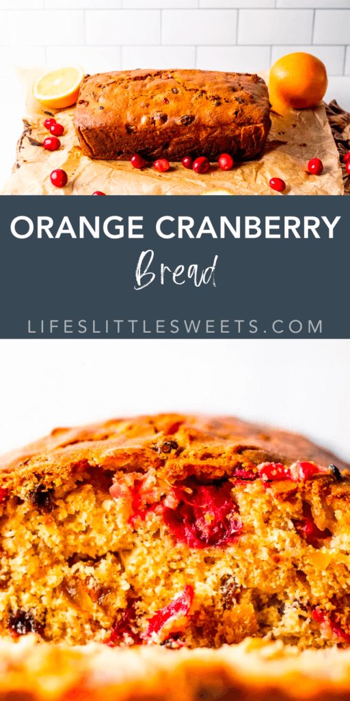 orange cranberry bread with text overlay