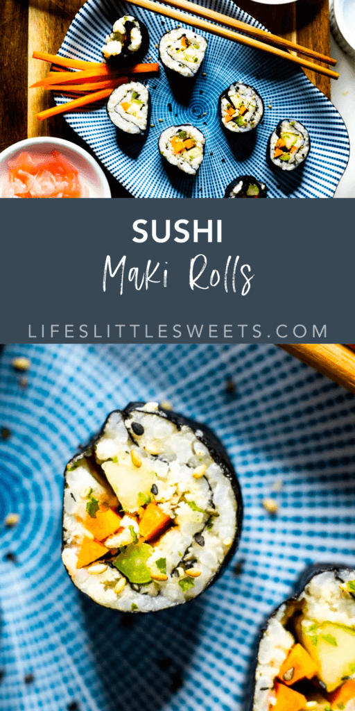 sushi maki rolls with text overlay
