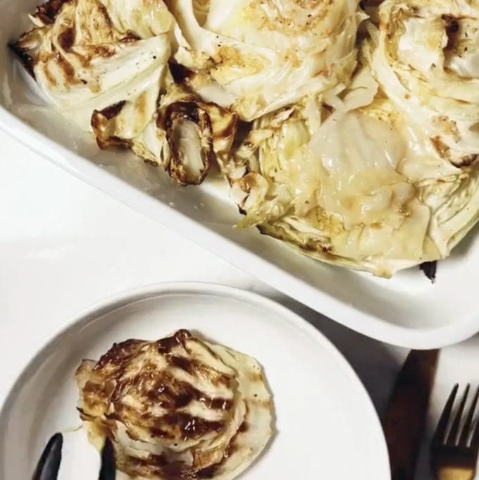 Cabbage Steaks on a white platter