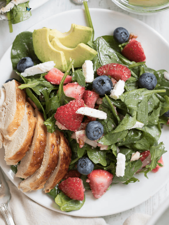 DELICIOUS STRAWBERRY SALAD RECIPe on a white plate