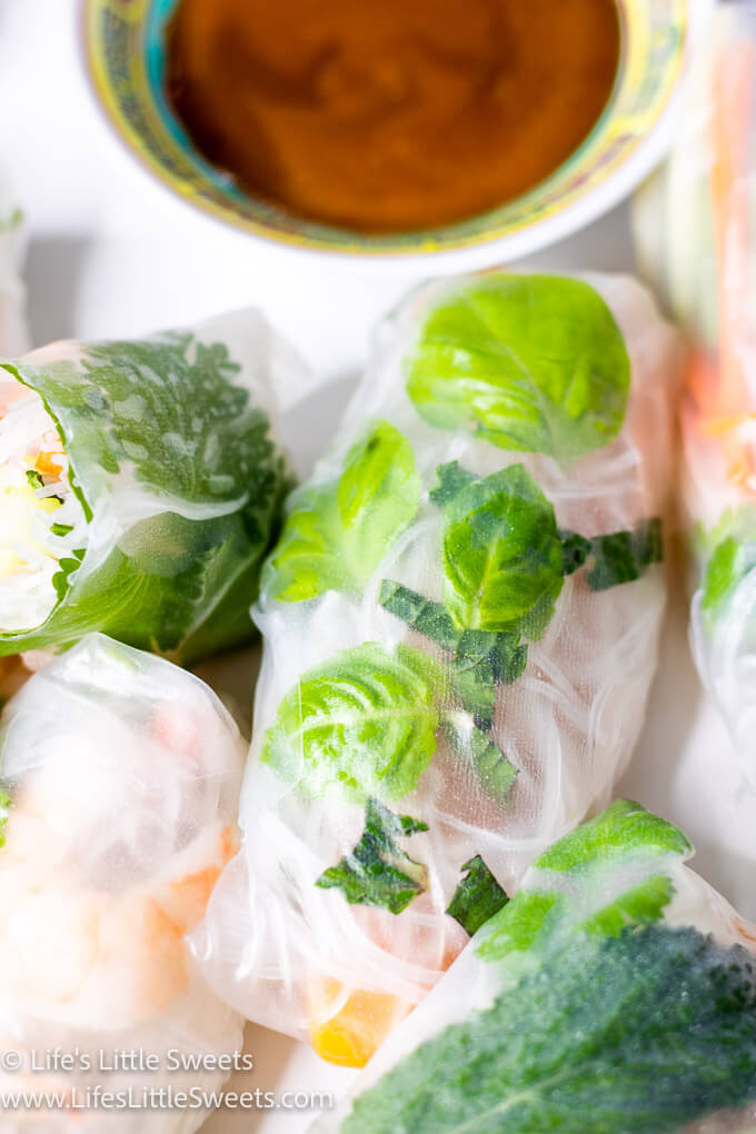 a close up photo of fresh spring rolls with herbs