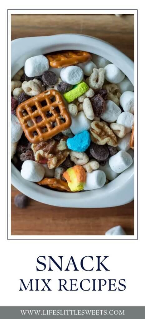 Snack Mix Recipes Pinterest pin with test overlay and a photo of a party mix recipe in a bowl