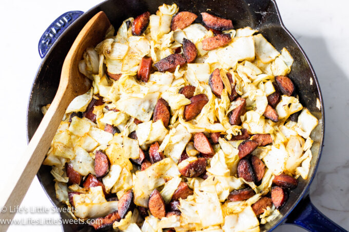 Kielbasa and Cabbage overhead view of this recipe in a skillet