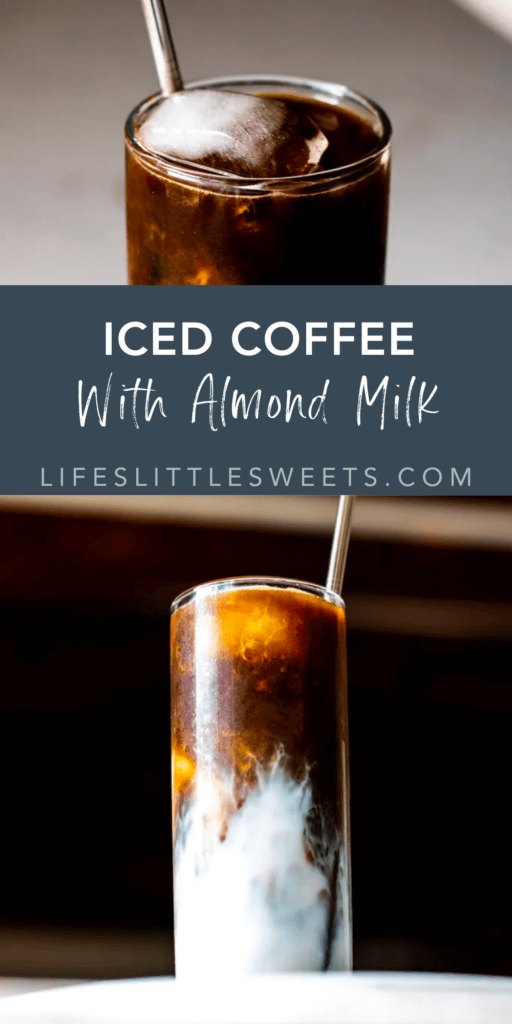 iced coffee with almond milk with text overlay
