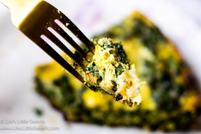 a bite of Frittata on a gold fork