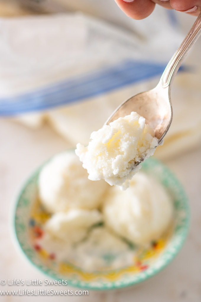 a spoonful of vanilla ice cream made in from double-bag and ice method