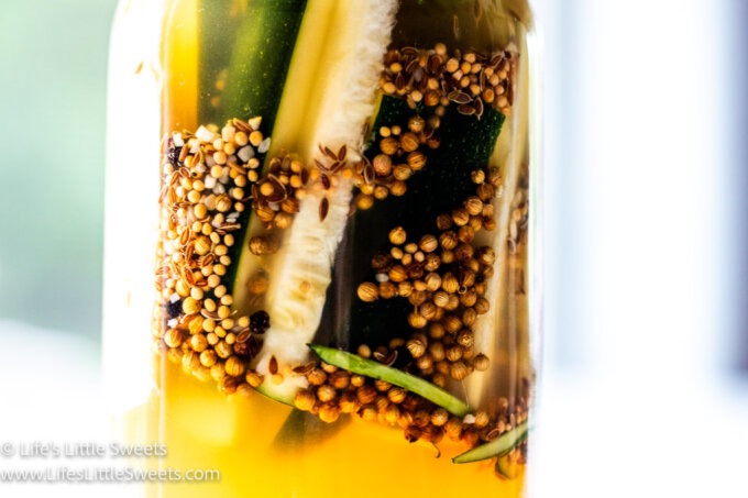 Pickled Zucchini (How to Pickle Zucchini)  in a glass jar with water, vinegar and pickling spices