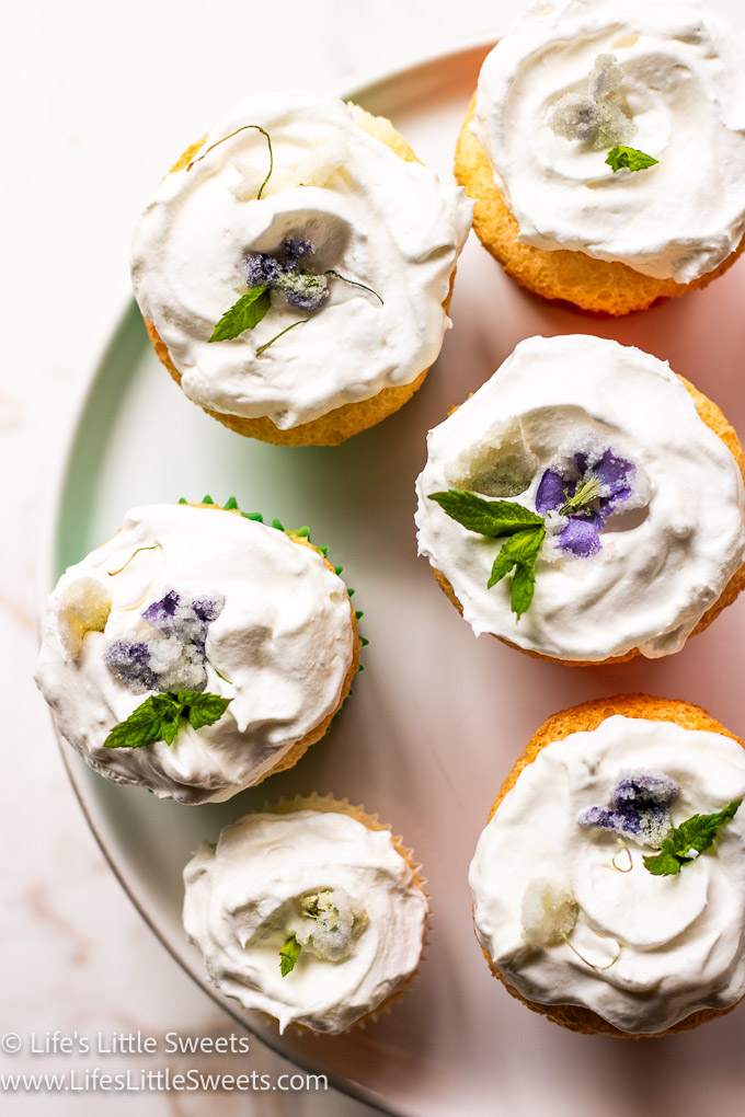 up close view of angel food cupcakes on a white plate topped with a white frosting, small green mint leaves, and purple violets