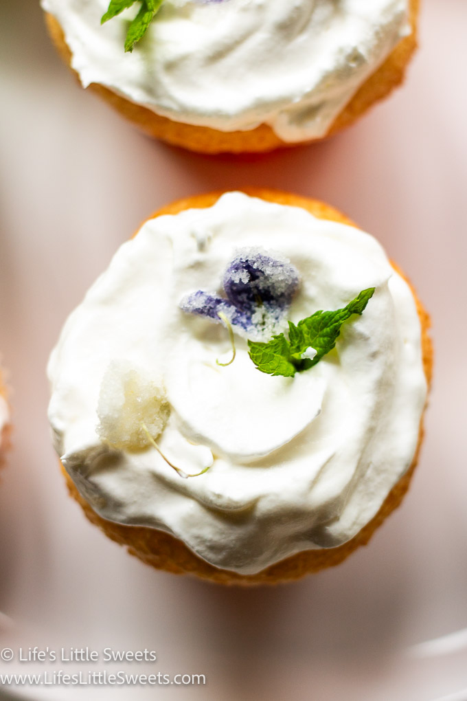 a close up of a cupcake from overhead with mint leaves and sugared violets