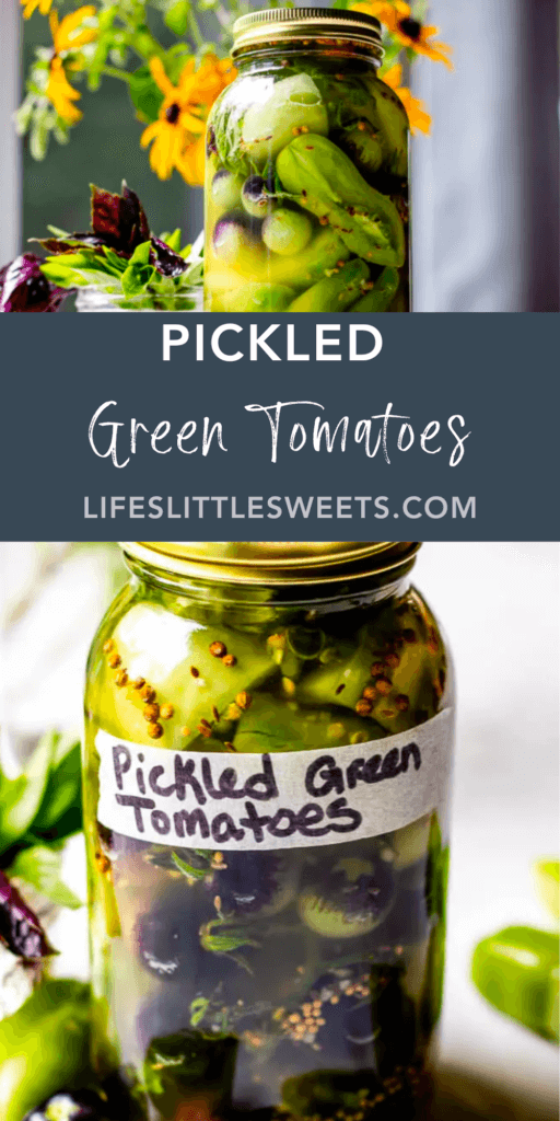 pickled green tomatoes with text overlay