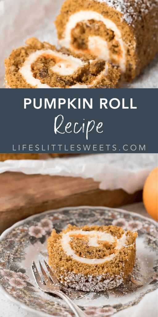 pumpkin roll recipe with text overlay
