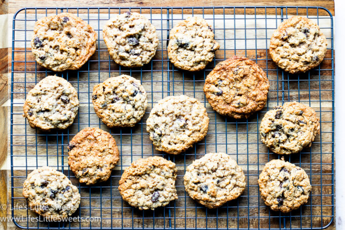 a metal cooling rack with oatmeal cookies on top