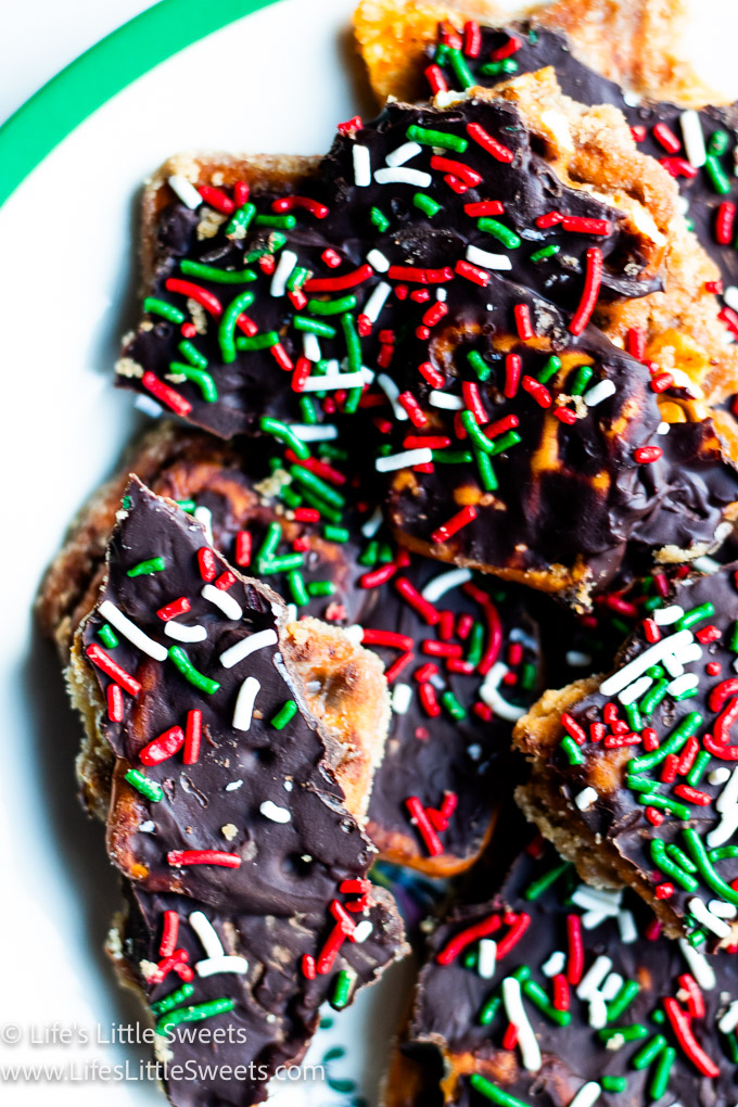 Pretzel Toffee Recipe with red, green, and white sprinkles