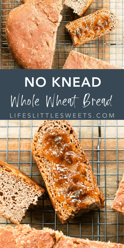 no knead whole wheat bread with text overlay