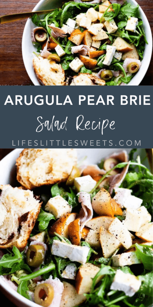 arugula pear brie salad with text overlay