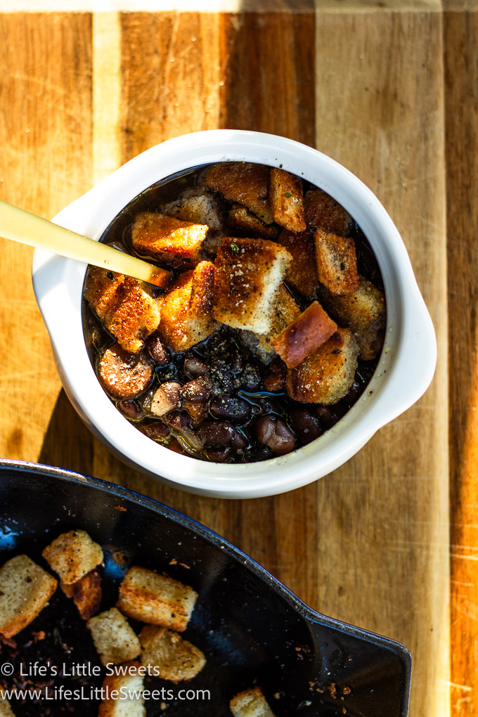 toasted croutons with black bean soup
