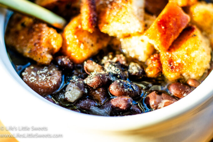 black bean soup with toasted croutons on top