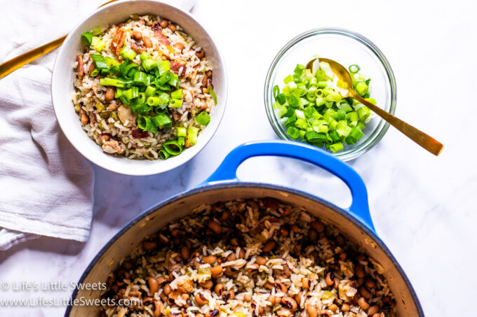Hoppin' John  in a bowl and in a Dutch oven
