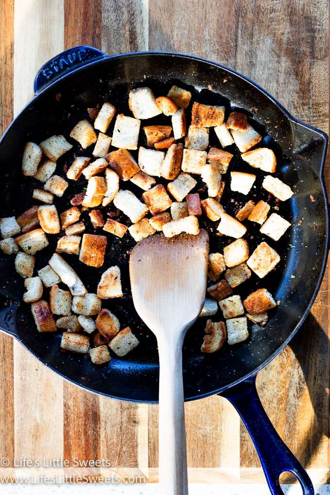 homemade croutons in a cast iron skillet