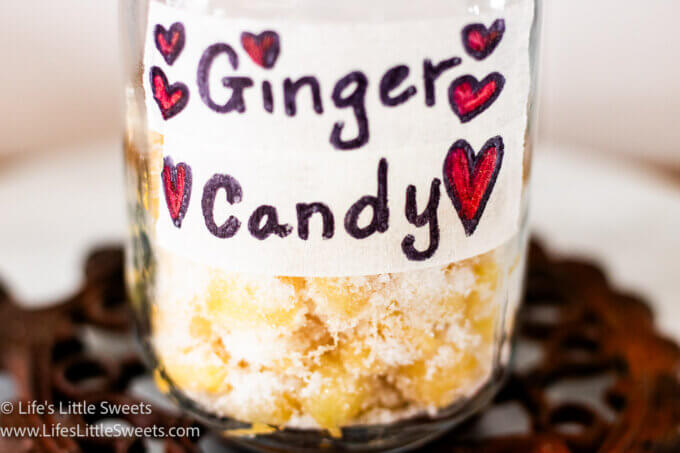 up close view of a mason jar filled with homemade ginger candy
