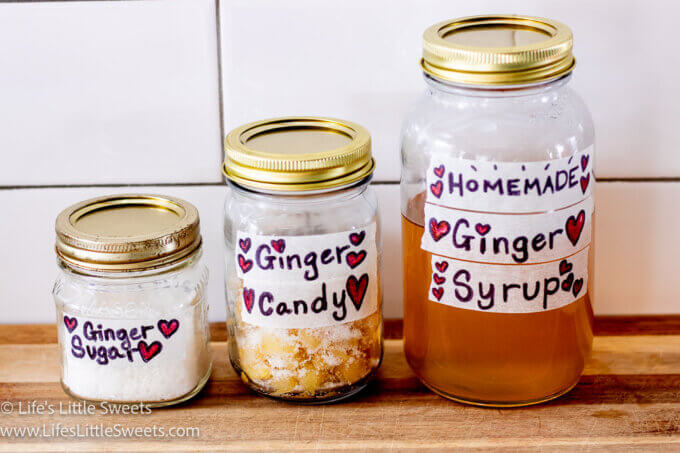 3 recipes of ginger candy in a row on a wood surface