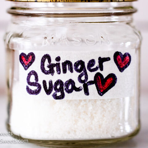Homemade Ginger Sugar Recipe close up in a jar with a label