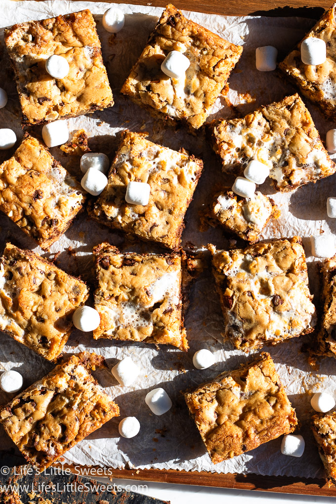 several Nordy bar dessert squares on a sheet of parchment paper with marshmallows in the sunlight